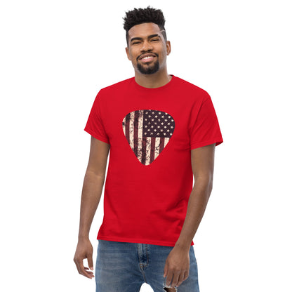 Red T-shirt with vintage American flag heart graphic on chest