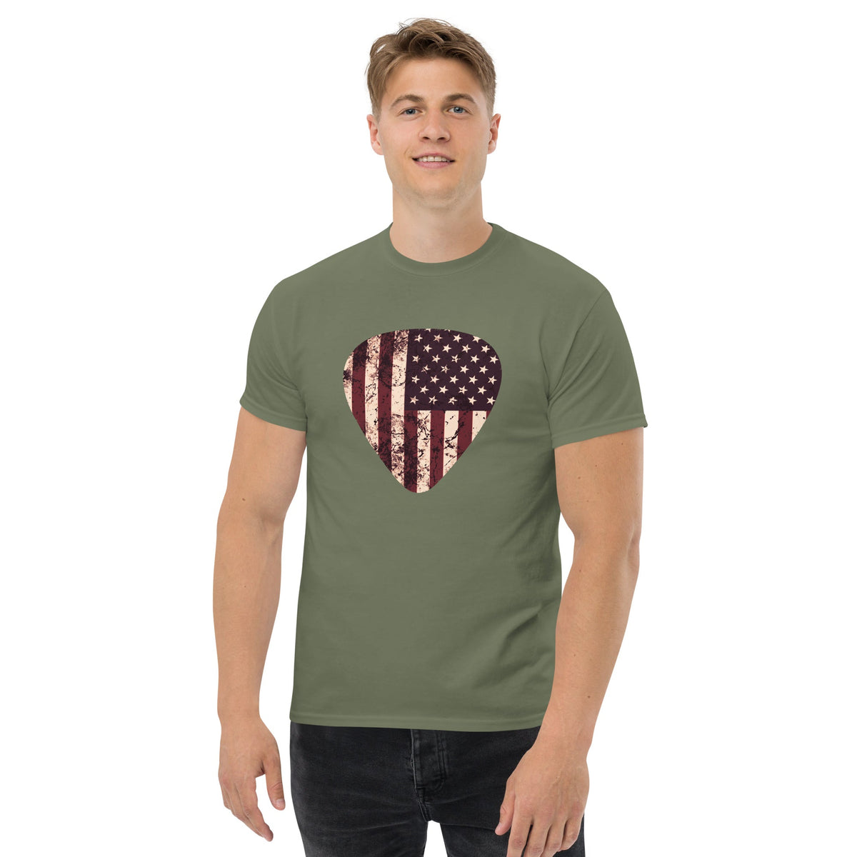 Military green T-shirt with vintage American flag heart graphic