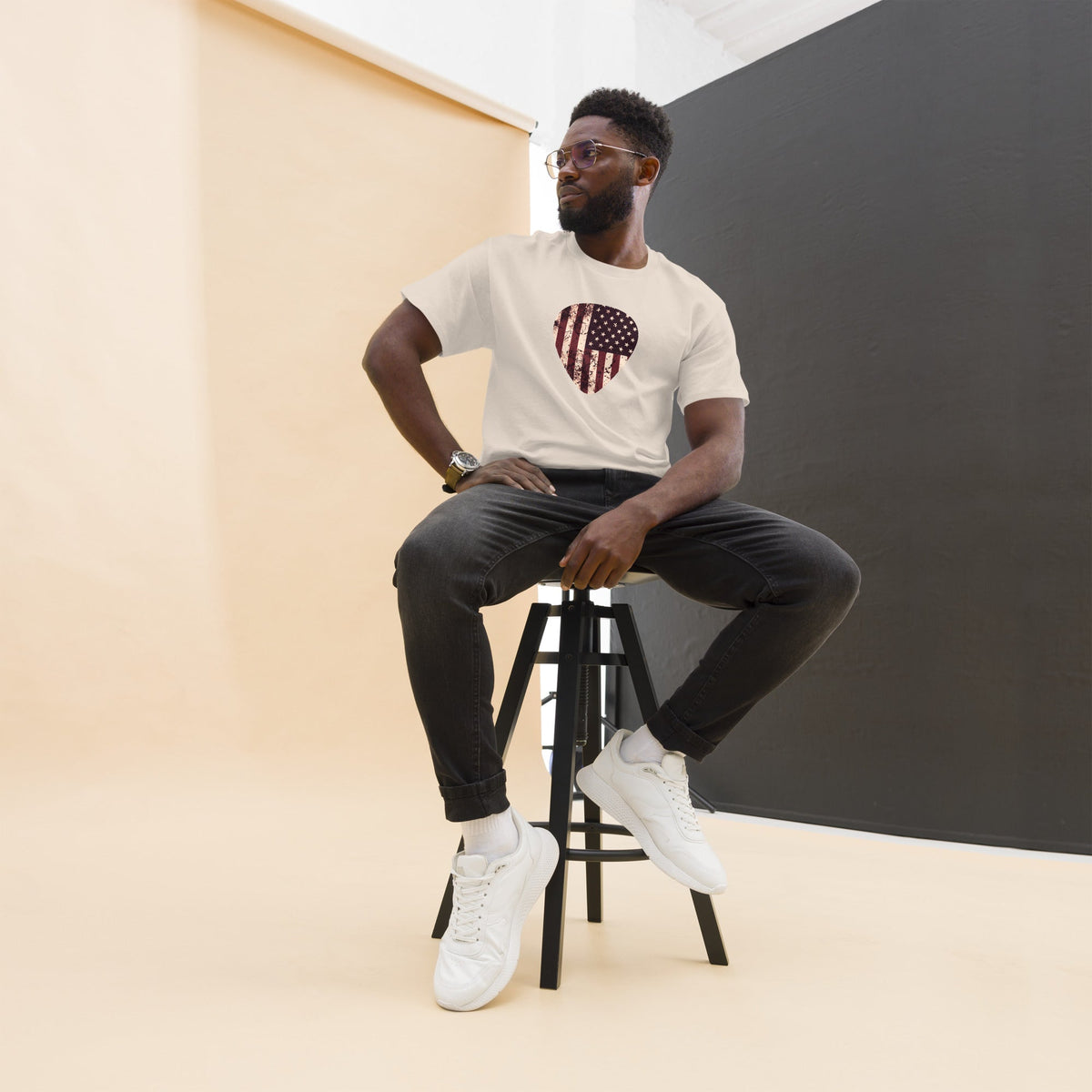 Natural T-shirt with vintage American flag heart graphic