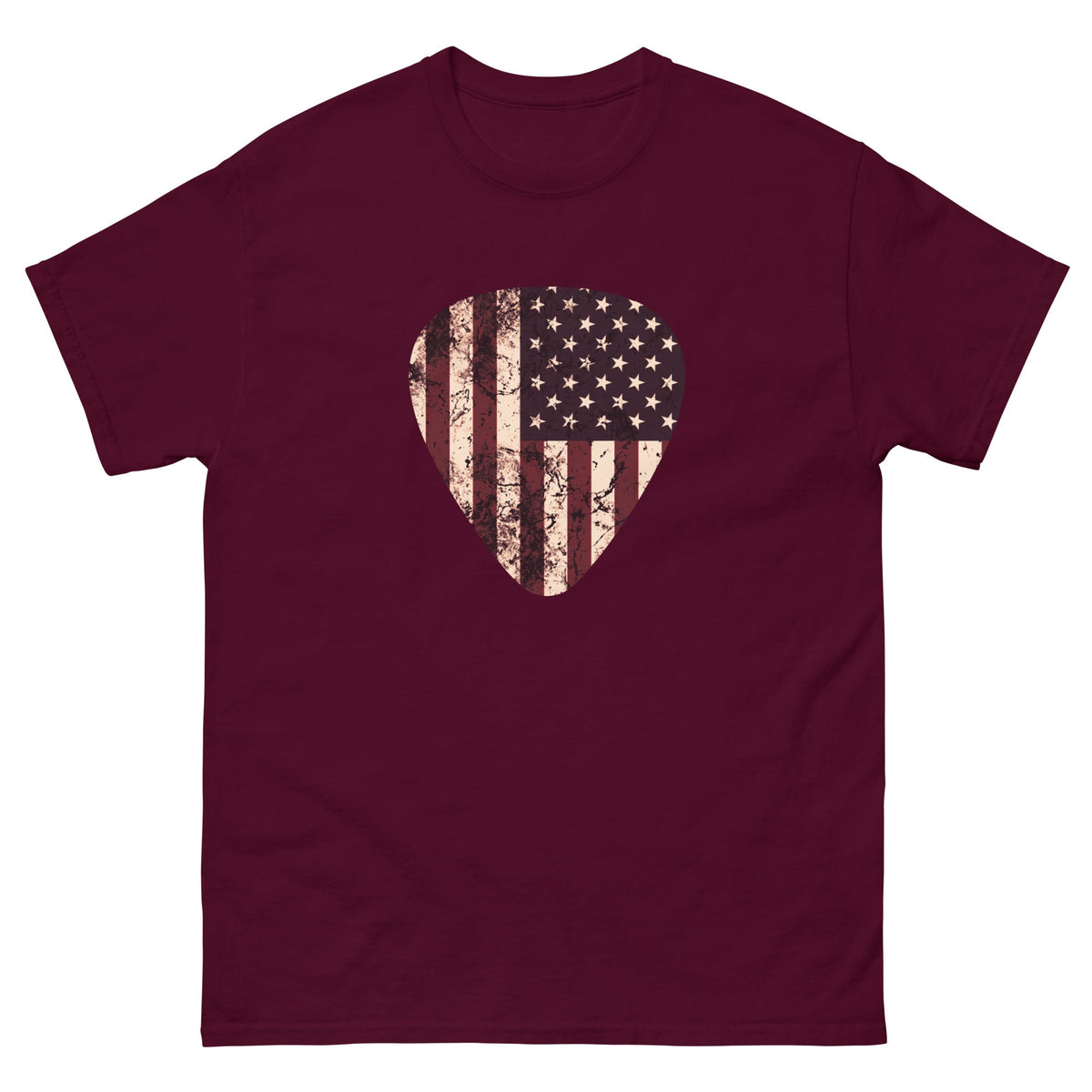 Maroon T-shirt with vintage American flag guitar pick heart graphic