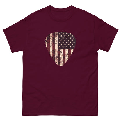 Maroon T-shirt with vintage American flag guitar pick heart graphic