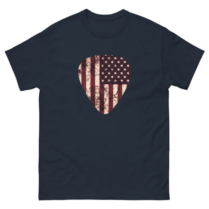 Navy T-shirt with vintage American flag guitar pick heart graphic