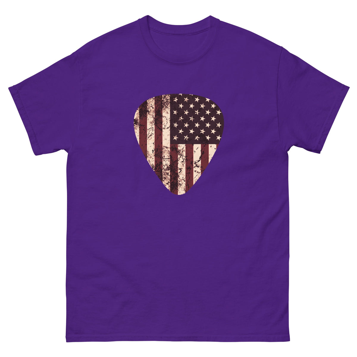 Purple T-shirt with vintage American flag guitar pick heart graphic