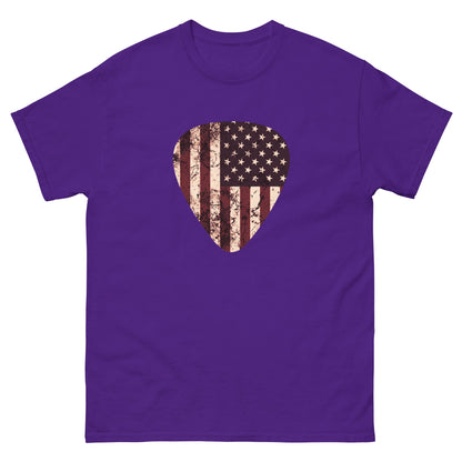 Purple T-shirt with vintage American flag guitar pick heart graphic