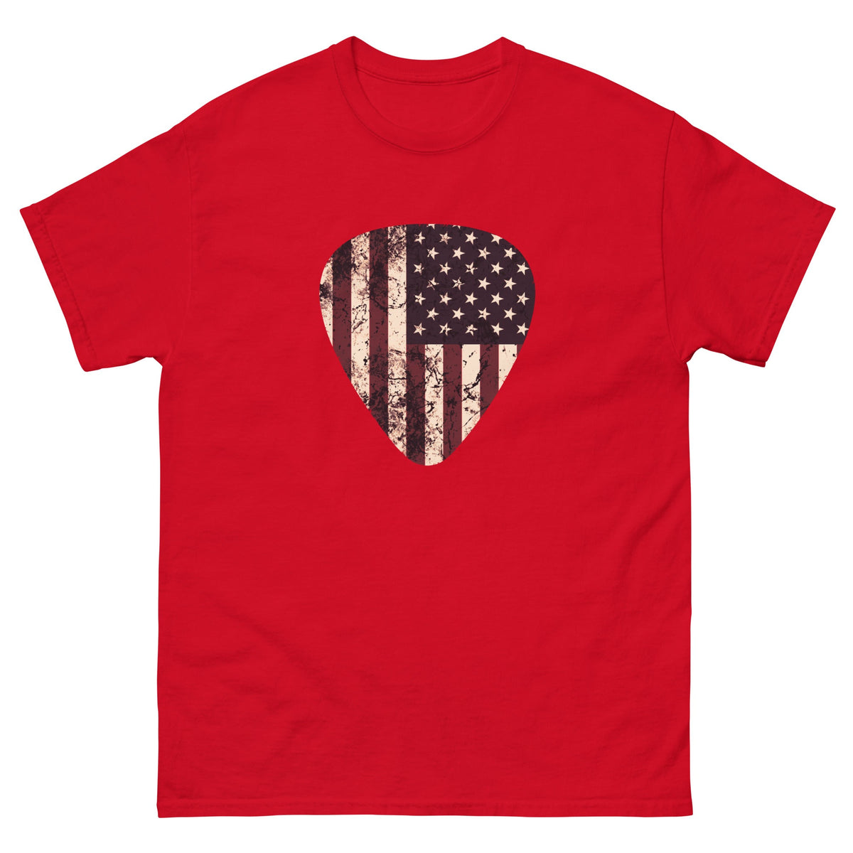 Red T-shirt with vintage American flag guitar pick heart graphic
