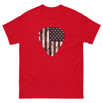 Red T-shirt with vintage American flag guitar pick heart graphic