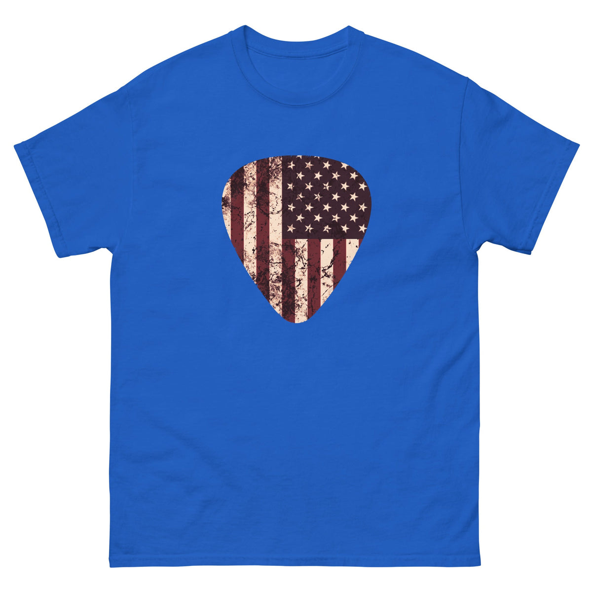 Blue T-shirt with vintage American flag guitar pick heart graphic
