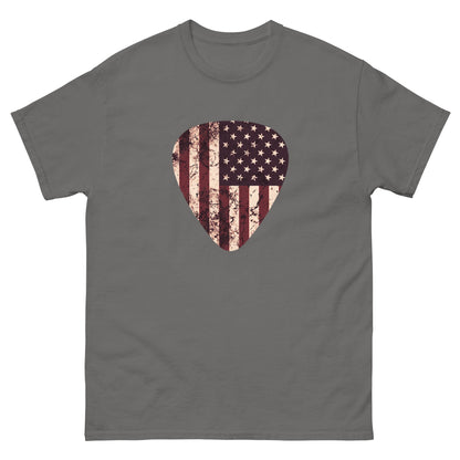 Charcoal gray T-shirt with vintage American flag guitar pick heart graphic