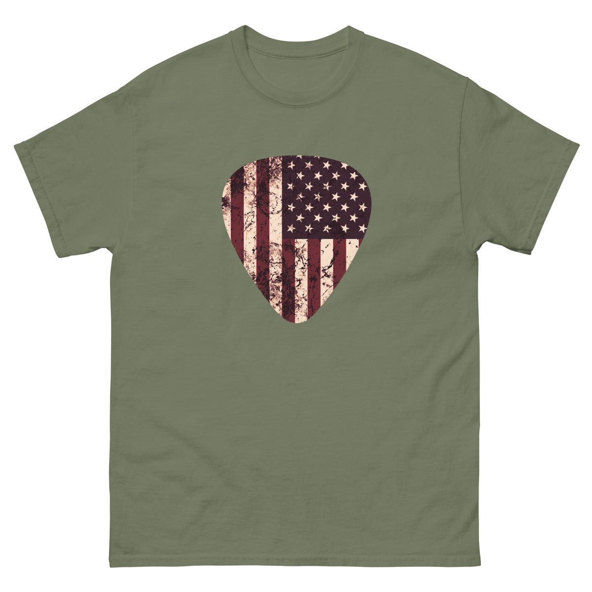Military green T-shirt with vintage American flag guitar pick heart graphic