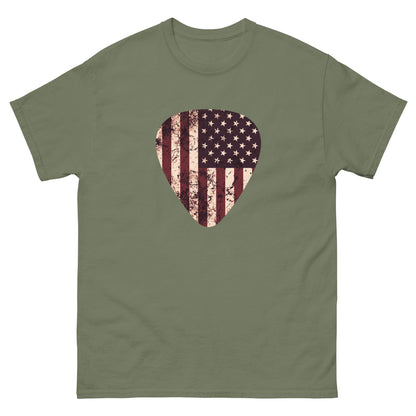Military green T-shirt with vintage American flag guitar pick heart graphic