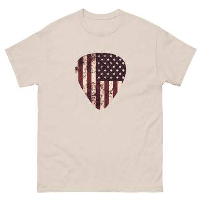 Natural T-shirt with vintage American flag guitar pick heart graphic