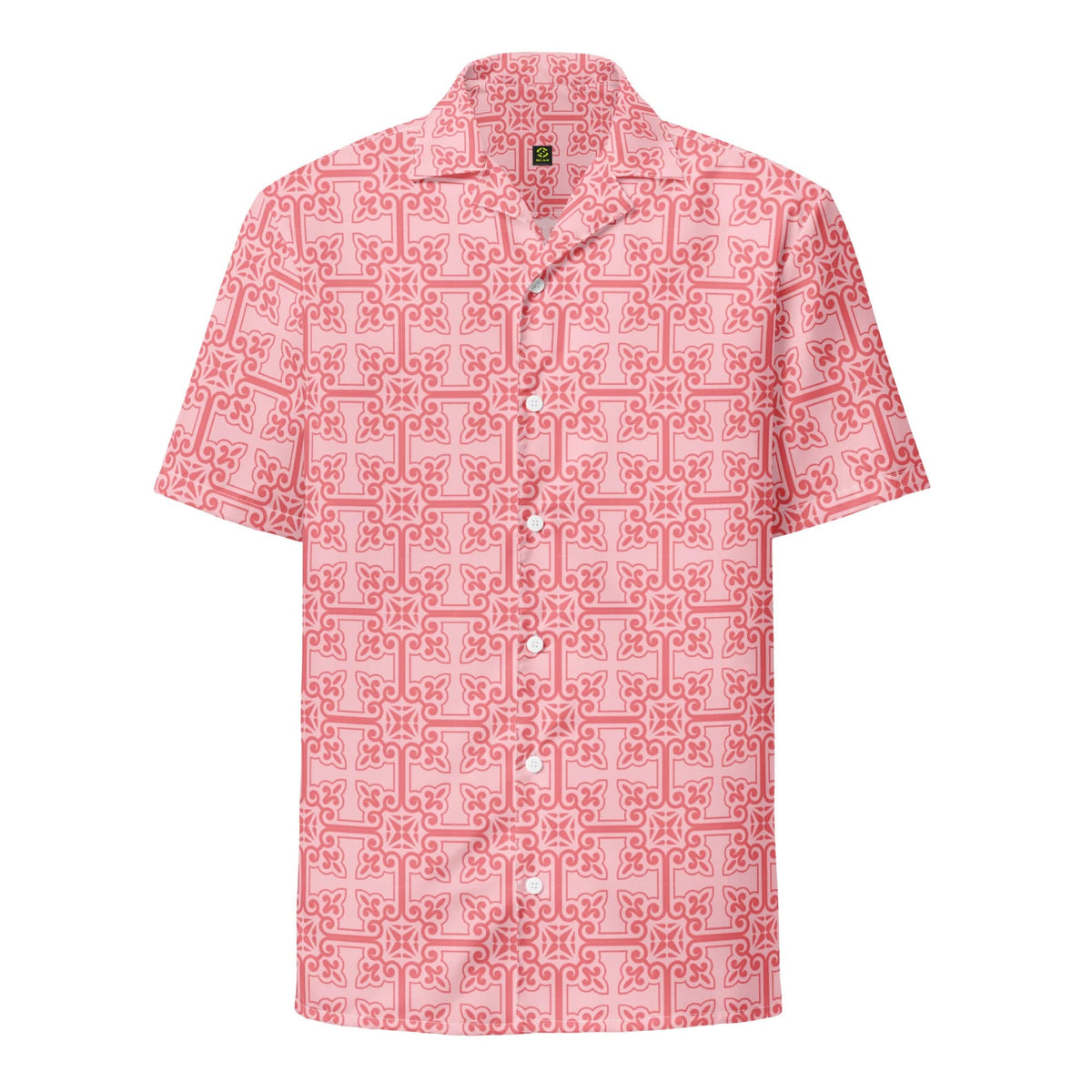 Pink unisex button-up shirt with geometric pattern, short sleeves, front button placket.