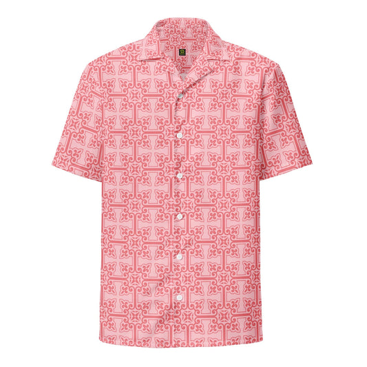 Pink unisex button-up shirt with geometric pattern, short sleeves, front button placket.