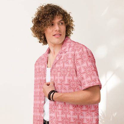 Pink short-sleeve button-up shirt with geometric pattern, shown from front-left.