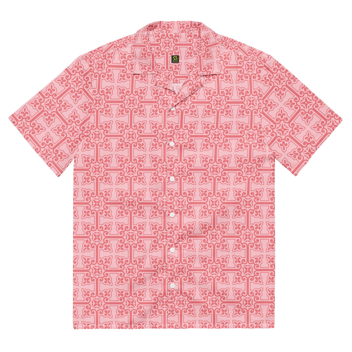 Pink unisex button-up shirt with geometric pattern, short sleeves, back view.