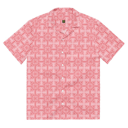 Pink unisex button-up shirt with geometric pattern, short sleeves, back view.