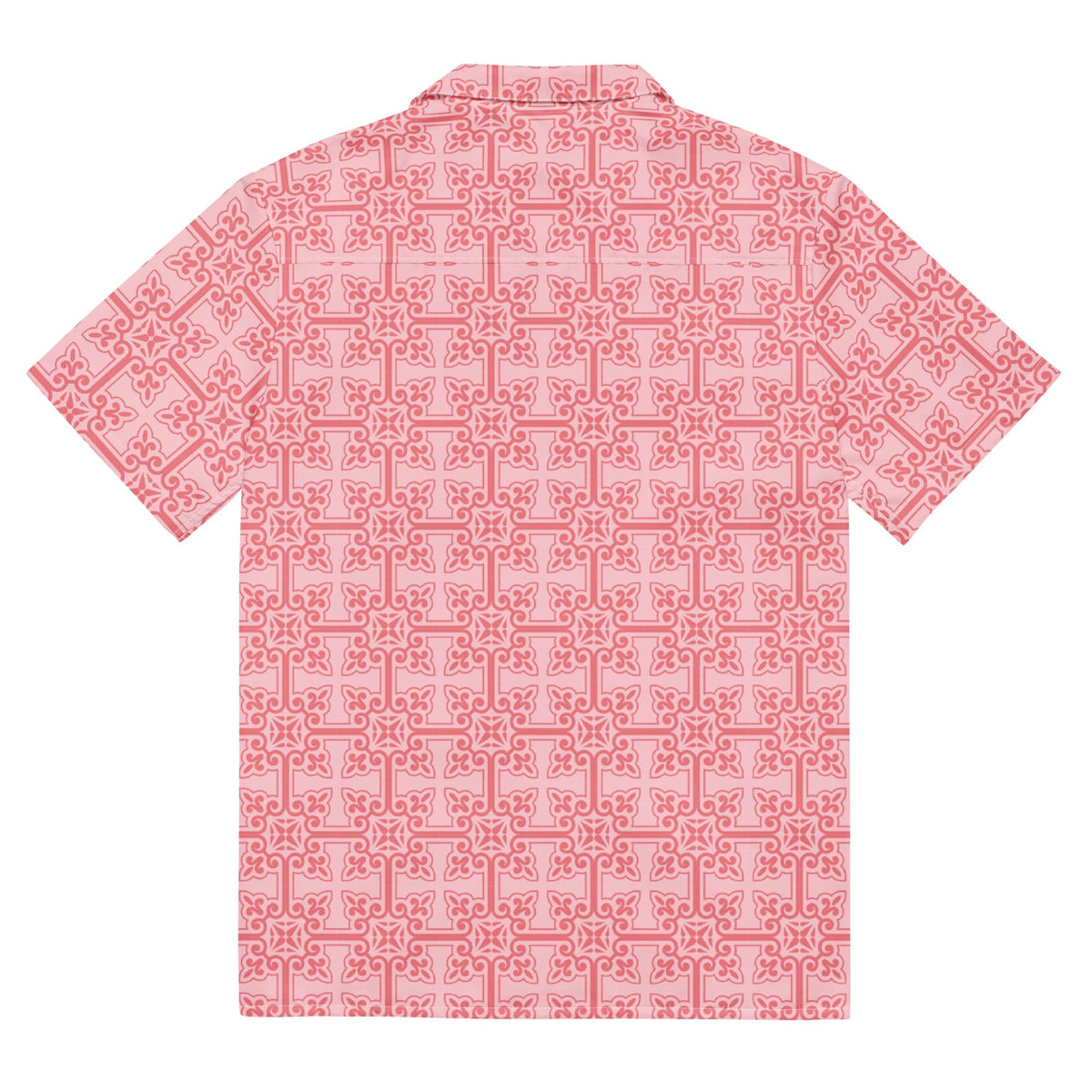 Pink patterned button-up shirt back view, short sleeves and straight hem.