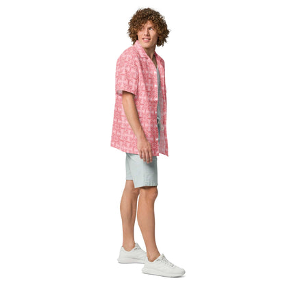 Pink button-up short-sleeve shirt with geometric interlocking pattern, relaxed fit