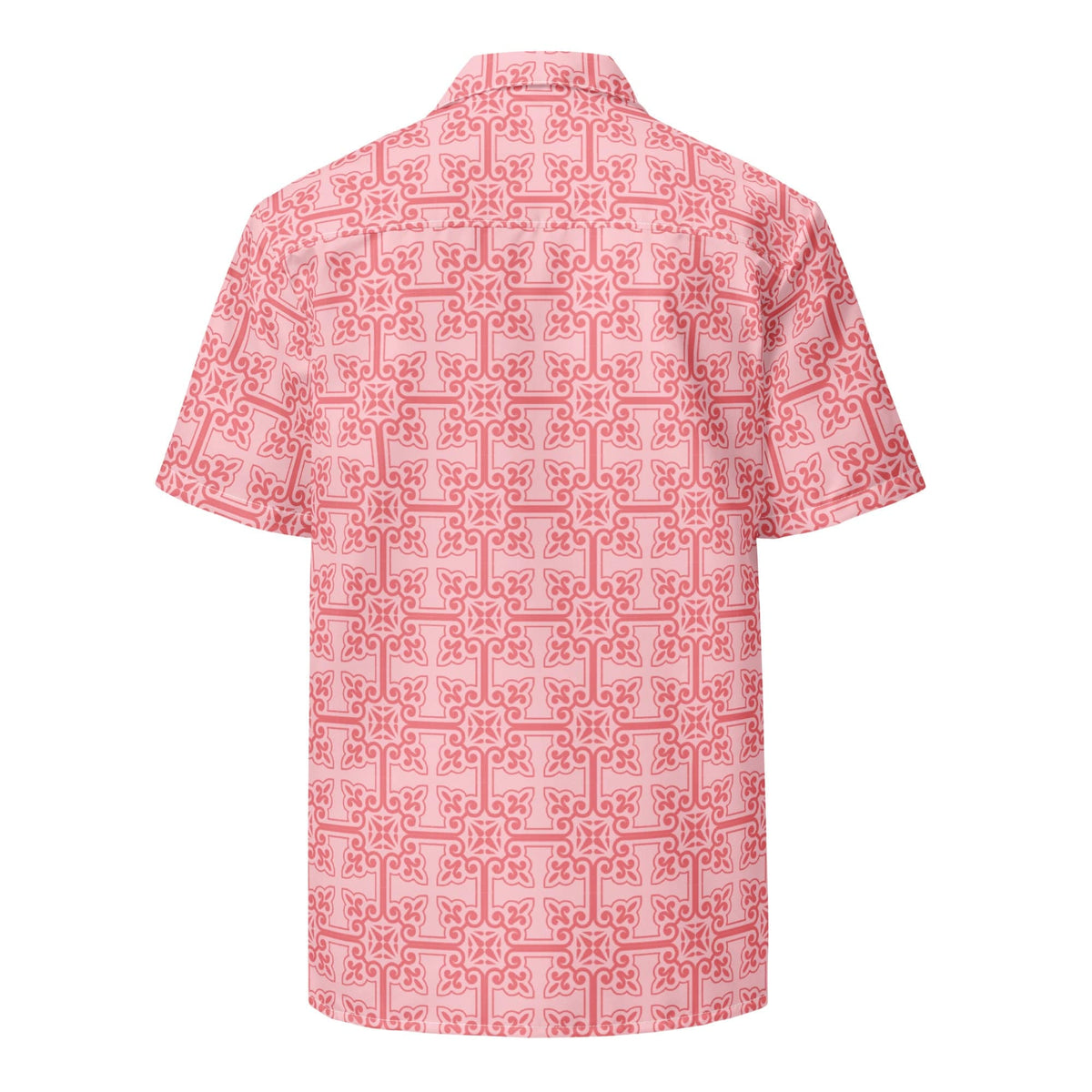 Pink short-sleeve button-up shirt with geometric interlocking pattern, back view