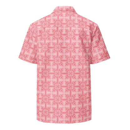 Pink short-sleeve button-up shirt with geometric interlocking pattern, back view