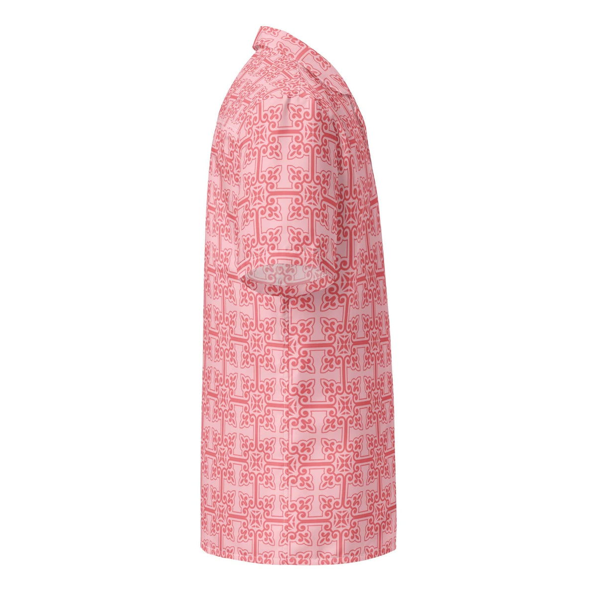 Pink short-sleeve button-up shirt with geometric interlocking print, side profile