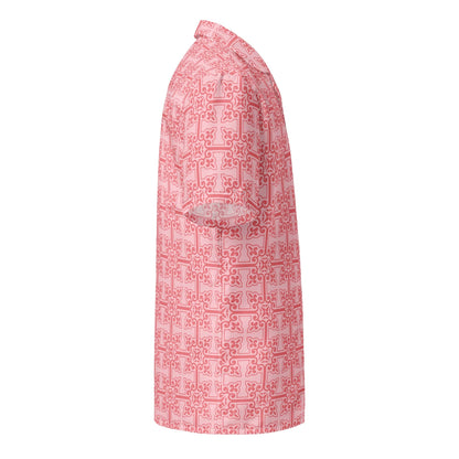 Pink short-sleeve button-up shirt with geometric interlocking print, side profile