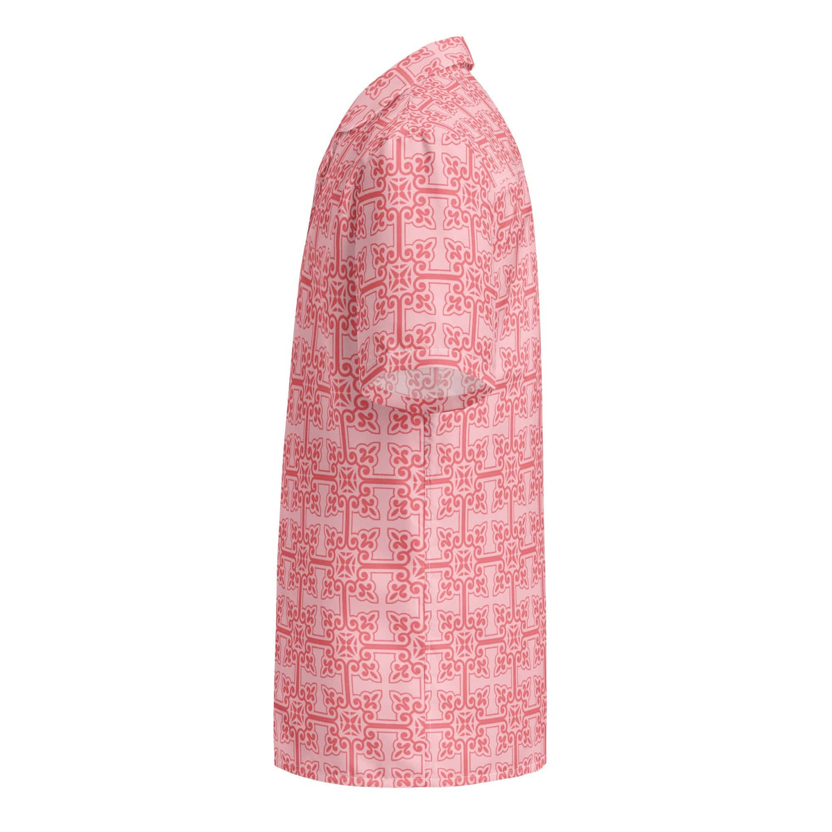 Pink short-sleeve button-up shirt with geometric interlocking pattern, angled view