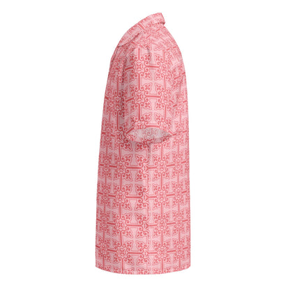 Pink short-sleeve button-up shirt with geometric interlocking pattern, angled view