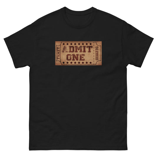 Black crewneck T-shirt with vintage cinema ticket graphic reading "DMIT ONE"