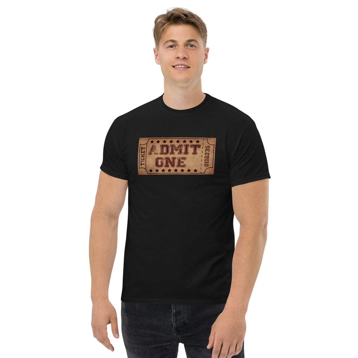 Black crewneck T-shirt with vintage cinema ticket graphic reading "DMIT ONE"