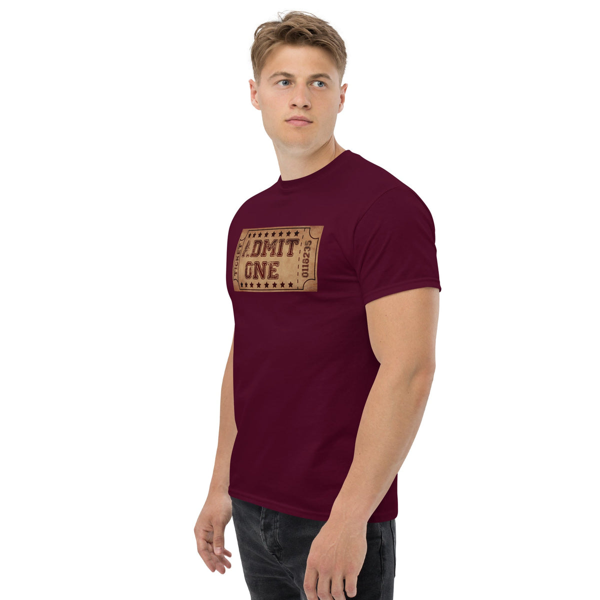 Burgundy crewneck T-shirt with vintage cinema ticket graphic reading "DMIT ONE"