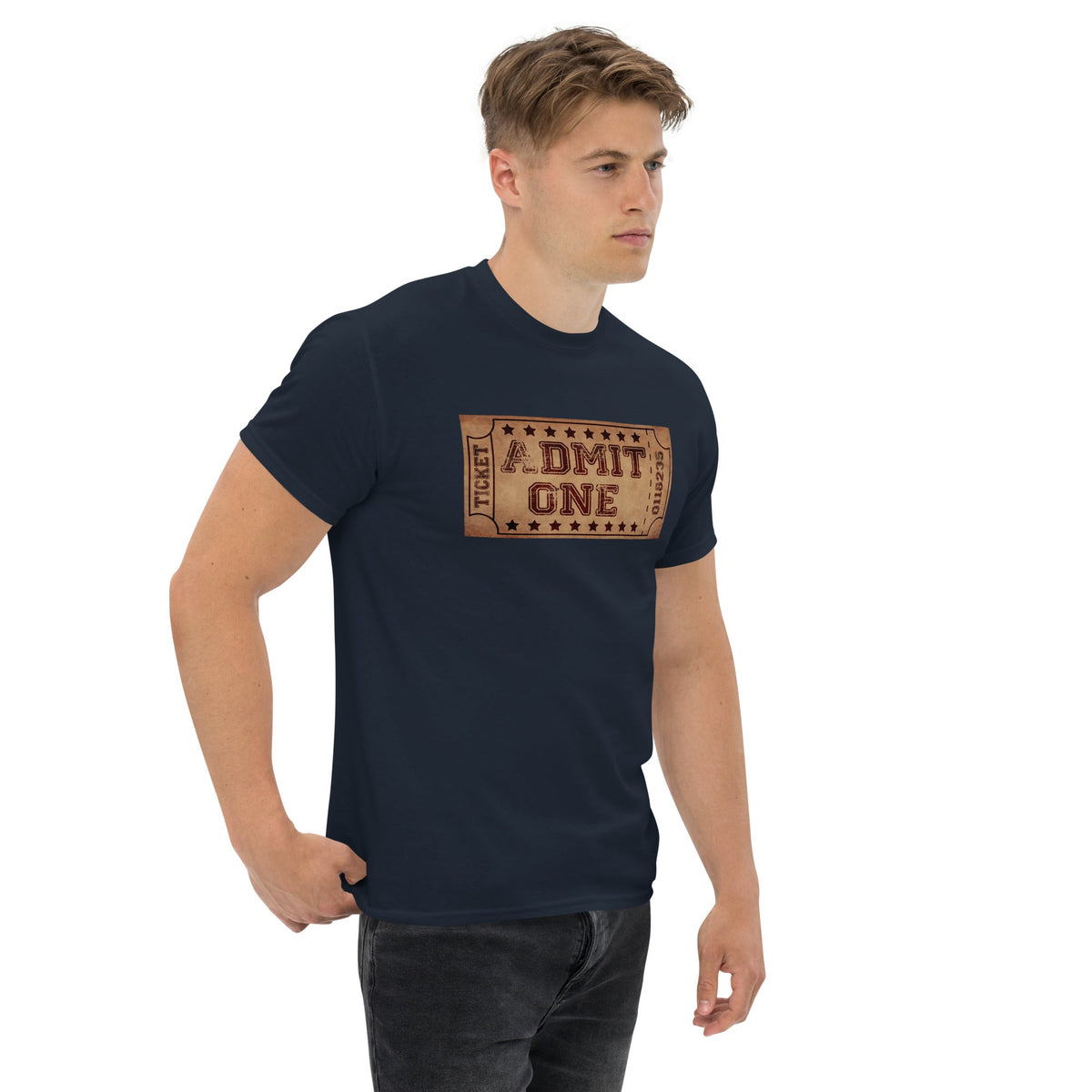 Navy crewneck T-shirt with vintage cinema ticket graphic reading "DMIT ONE"