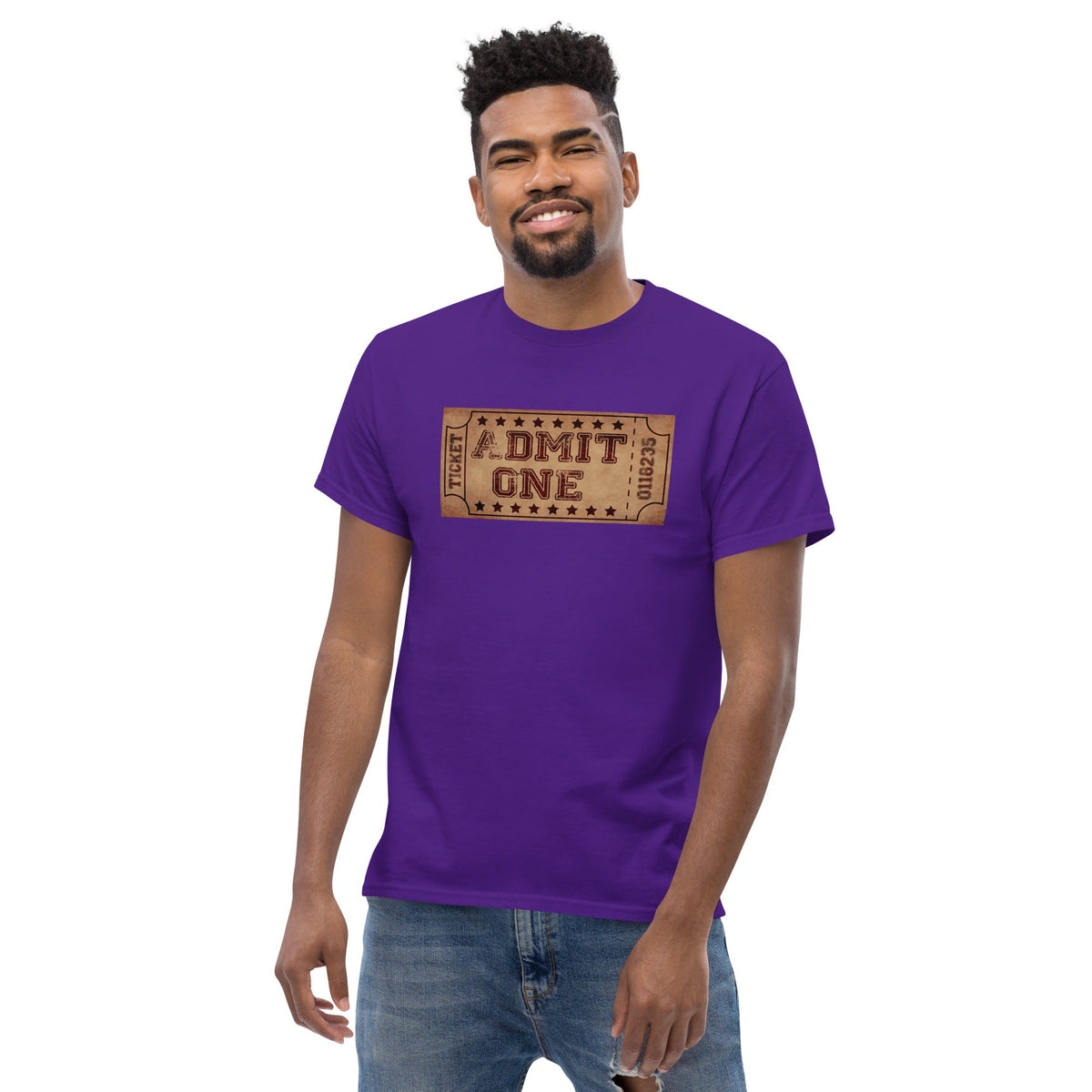 Purple crewneck T-shirt with vintage cinema ticket graphic reading "DMIT ONE"