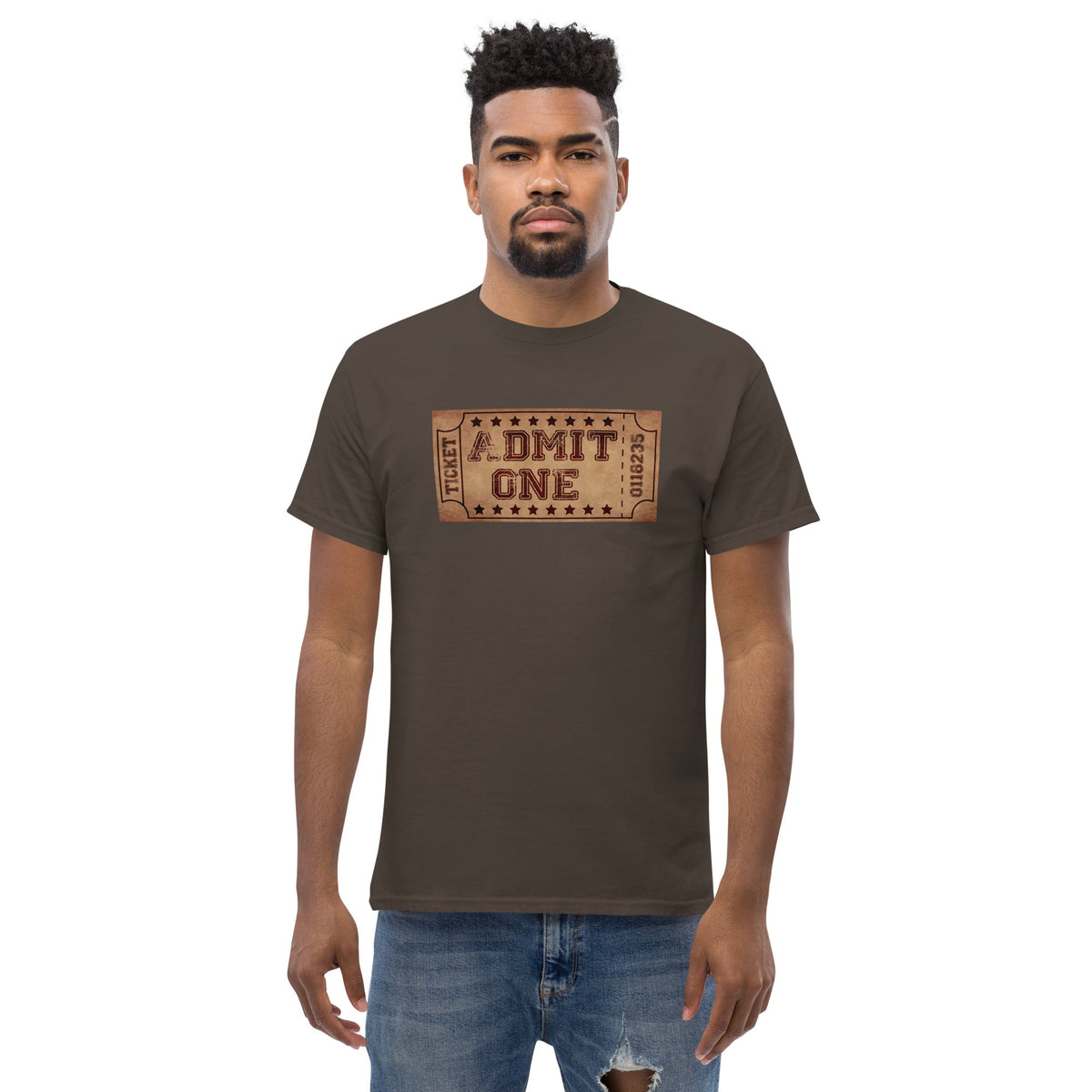 Dark brown crewneck T-shirt with vintage cinema ticket graphic reading "DMIT ONE"
