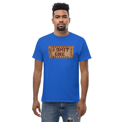 Royal blue crewneck T-shirt with vintage cinema ticket graphic reading "DMIT ONE"