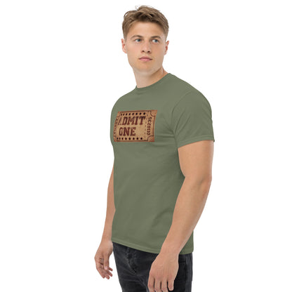 Olive crewneck T-shirt with vintage cinema ticket graphic reading "DMIT ONE"