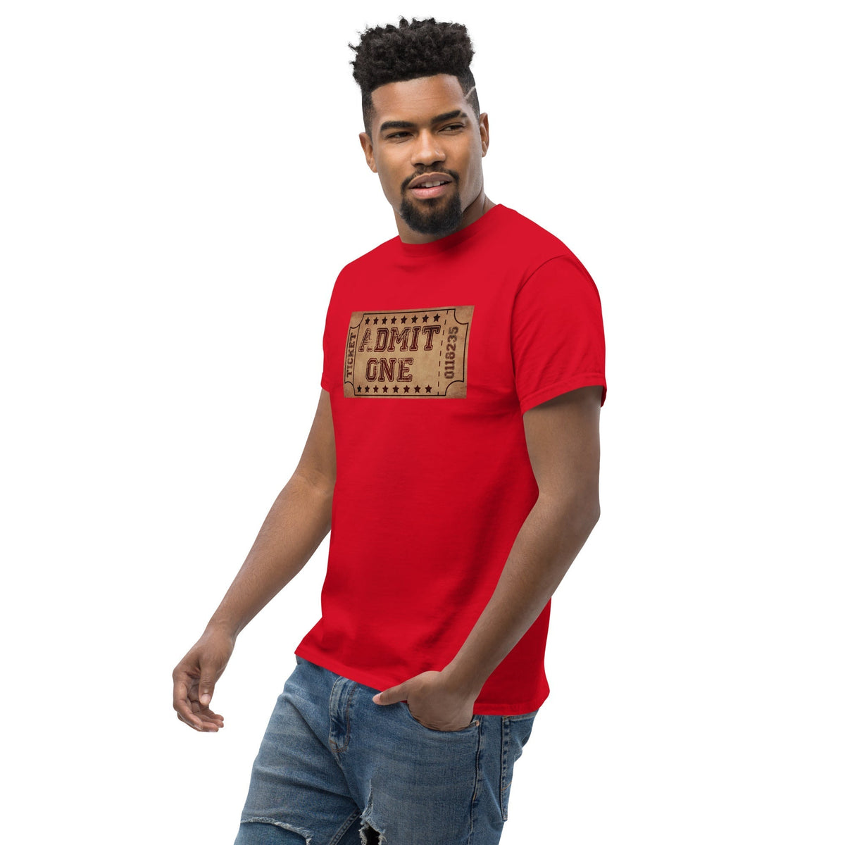 Red crewneck T-shirt with vintage cinema ticket graphic reading "DMIT ONE"