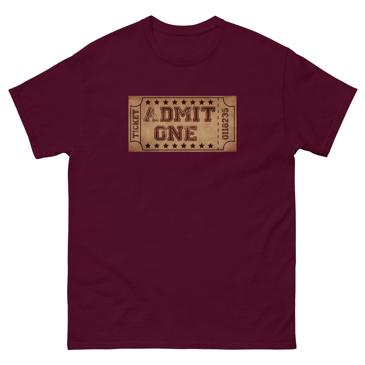 Burgundy crewneck T-shirt with vintage cinema ticket graphic reading "DMIT ONE"