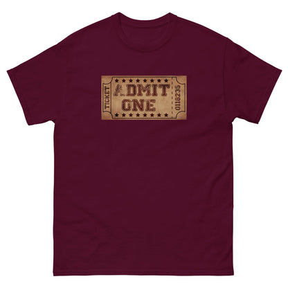 Burgundy crewneck T-shirt with vintage cinema ticket graphic reading "DMIT ONE"