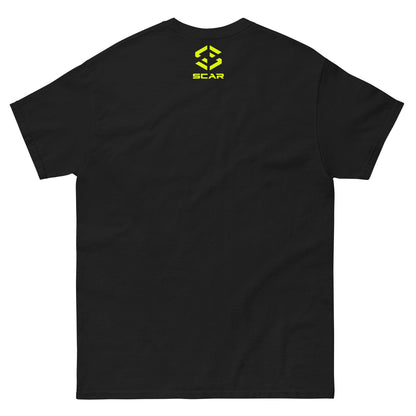 Black T-shirt with small yellow logo on chest