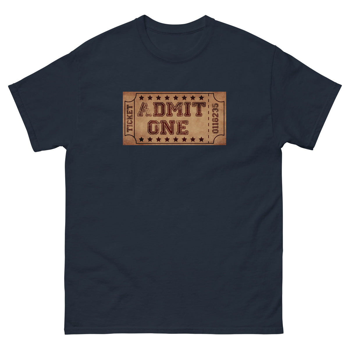 Navy T-shirt with centered ticket-style 'DMIT ONE' graphic