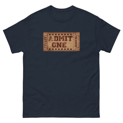 Navy T-shirt with centered ticket-style 'DMIT ONE' graphic