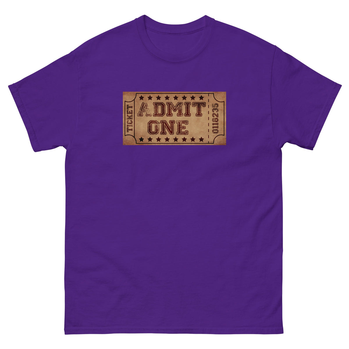 Purple T-shirt with centered ticket-style 'DMIT ONE' graphic
