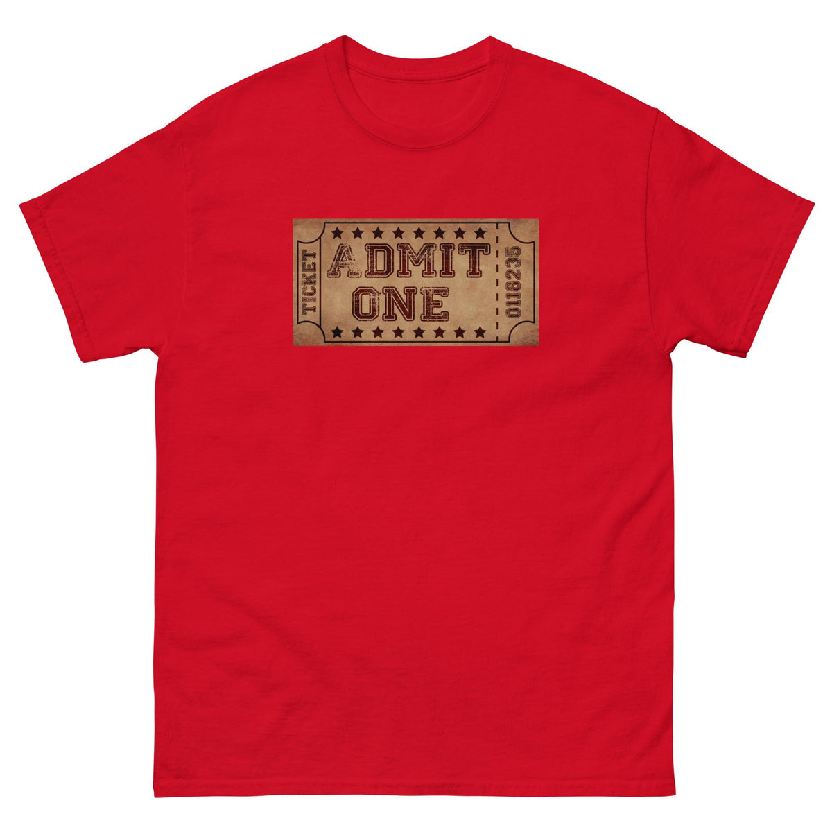 Red T-shirt with centered ticket-style 'DMIT ONE' graphic