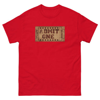 Red T-shirt with centered ticket-style 'DMIT ONE' graphic
