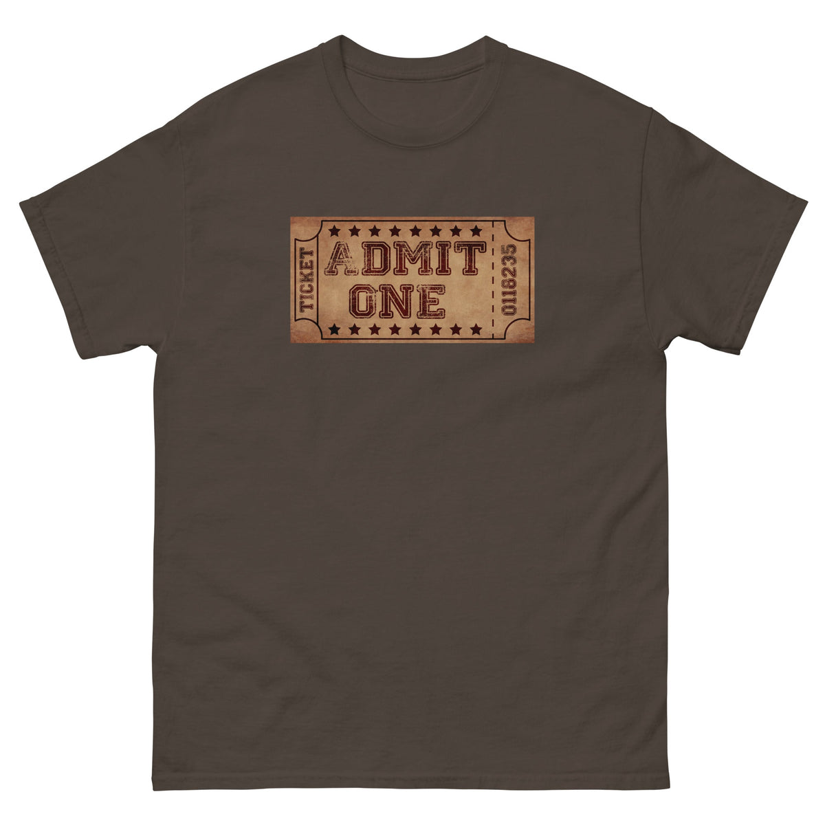 Dark brown T-shirt with centered ticket-style 'DMIT ONE' graphic