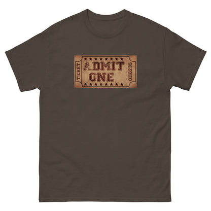 Dark brown T-shirt with centered ticket-style 'DMIT ONE' graphic