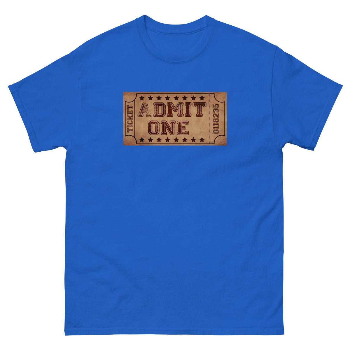 Royal blue T-shirt with centered ticket-style 'DMIT ONE' graphic
