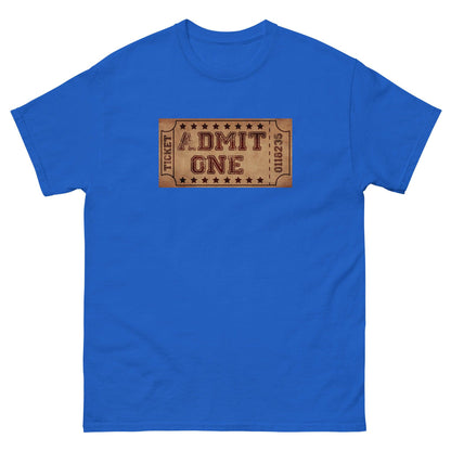 Royal blue T-shirt with centered ticket-style 'DMIT ONE' graphic