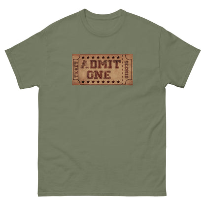 Military green T-shirt with centered ticket-style 'DMIT ONE' graphic